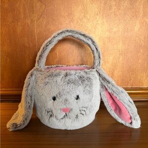 Gray Plush Bunny Easter Basket Fuzzy Rabbit Bucket Floppy Ears 8"x8" Pink Lining